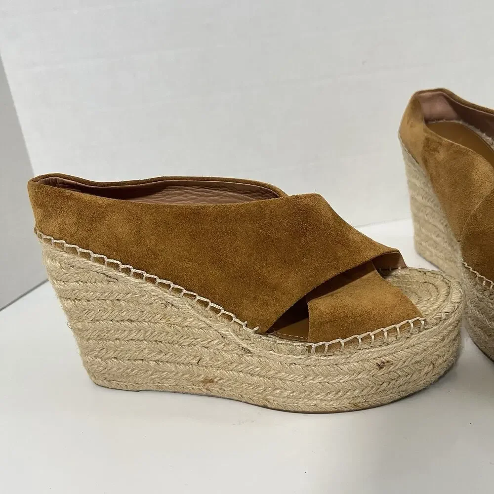 Sigerson Morrison Atifa Espadrille Wedge Sandals Suede Leather Size 7 CamelBrown